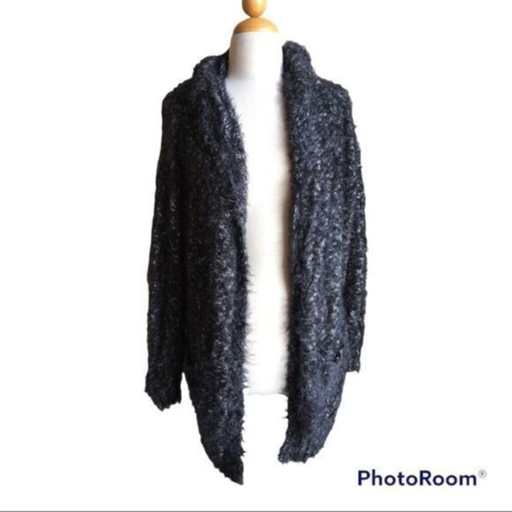 Express black fuzzy furry hooded sweater duster large